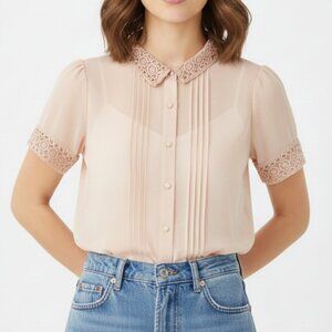 Asos Sheer Lace Button Up Dollette Coquette Girly Feminine Short Sleeve Blouse